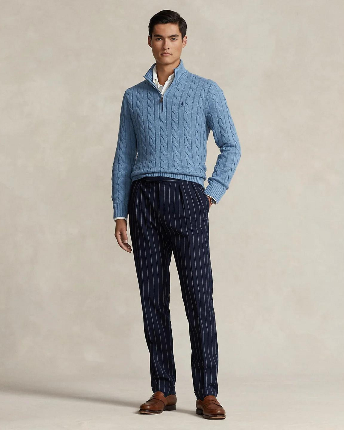Sweater Ralph Lauren Trenzado 1/4 Zip Celeste Jaspeado
